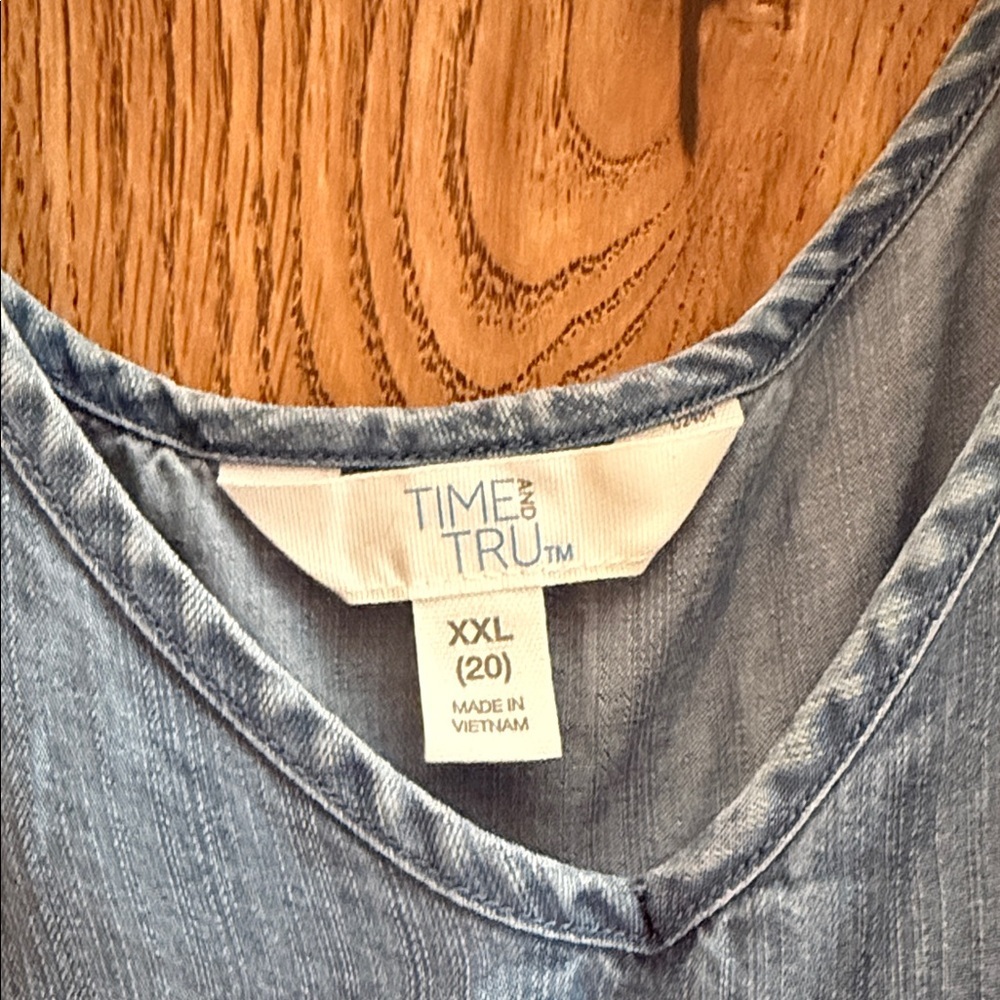 Time and Tru Blue Sleeveless V-Neck Tank Top with Smocked Straps - Picture 2 of 6